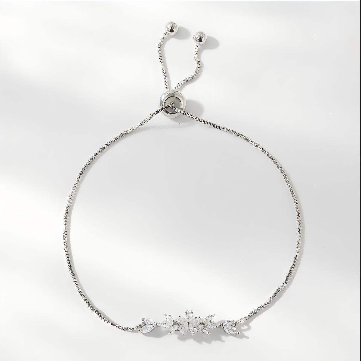1pcs Fashionable Zircon Bracelet Silver Flower Leaf Drawstring Design Chain Inlaid Gold-plated Bracelet Suitable For Women's Daily Holiday Wear